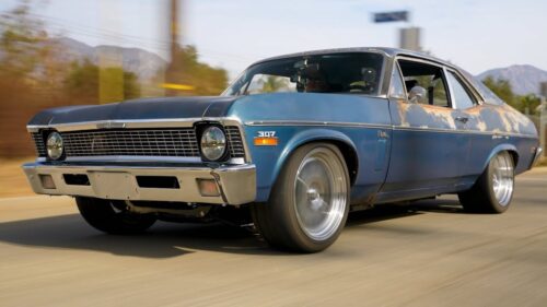 blue 1970 nova with patina and polished wheels