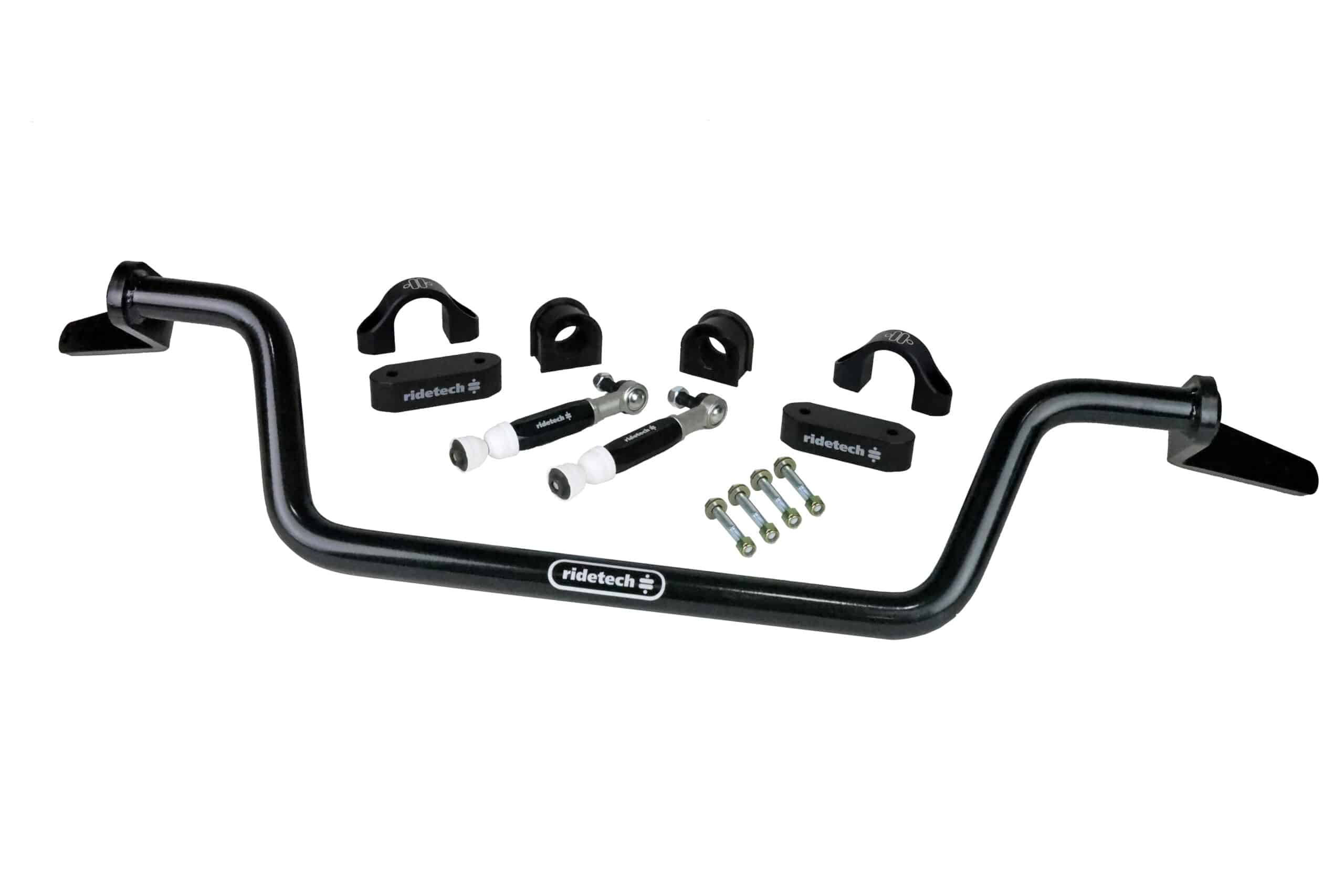 Ridetech black sway bar and supporting parts on white background for Fox Body Mustang