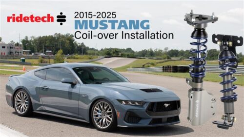 Blue Mustang GT image on a race track with coil-over product image beside it